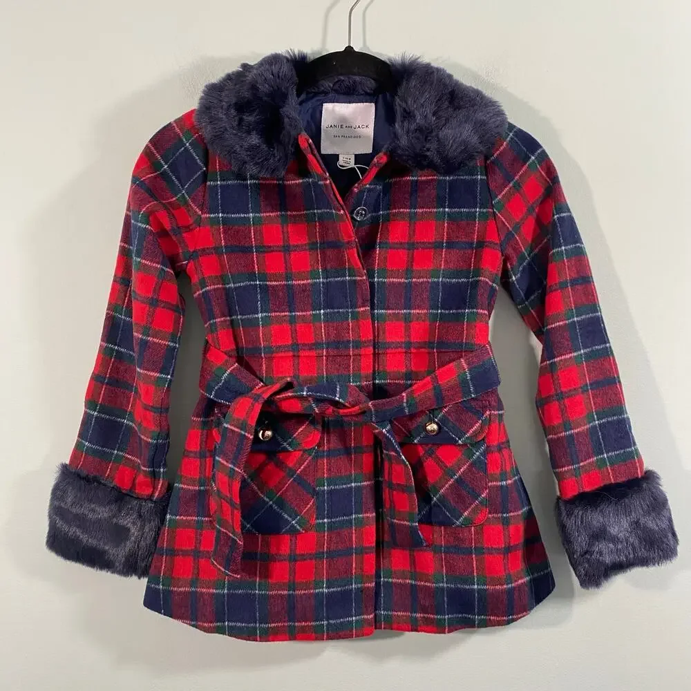 Janie & Jack X American Girl Navy & Red Tartan Plaid Fur-Trim Plaid Coat Sz 7-8